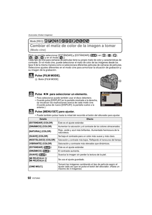 Page 92VQT2A6392
Avanzadas (Grabar imágenes)
Modo [REC]: 
Cambiar el matiz de color de la imagen a tomar 
(Modo cine)
[Solo es posible seleccionar [ESTÁNDAR] y [ESTÁNDAR] ( ) en [ ], [¿], [ ], 
[ ], [ ], [ ] y en el modo [ ].]
Cada tipo de cine para cámaras de películas tiene su propio matiz de color y características de 
contraste. En el modo cine, puede seleccionar el matiz de color de las imágenes desde los 
tipos 9 de la misma manera como si seleccionara diferentes películas de cámaras de películas....