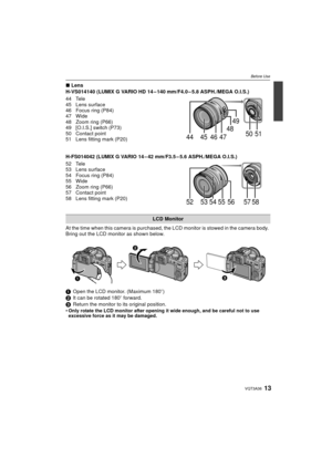 Page 1313VQT3A36
Before Use
∫Lens
H-VS014140 (LUMIX G VARIO HD 14 – 140 mm/F4.0 – 5.8 ASPH./MEGA O.I.S.)
44 Tele
45 Lens surface
46 Focus ring (P84)
47 Wide
48 Zoom ring (P66)
49 [O.I.S.] switch (P73)
50 Contact point
51 Lens fitting mark (P20)
H-FS014042 (LUMIX G VARIO 14 – 42 mm/F3.5 – 5.6 ASPH./MEGA O.I.S.)
52 Tele
53 Lens surface
54 Focus ring (P84)
55 Wide
56 Zoom ring (P66)
57 Contact point
58 Lens fitting mark (P20)
At the time when this camera is purchased, the LCD monitor is stowed in the camera body....