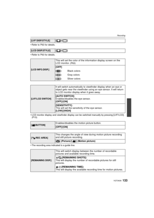 Page 133133VQT3A36
Recording
•Refer to P63 for details.
•Refer to P63 for details.
•LCD monitor display and viewfinder display can be switched manually by pressing [LVF/LCD]. 
(P15)
•The recording area indicated is a guide line.
[LVF DISP.STYLE][]/[]
[LCD DISP.STYLE][]/[]
[LCD INFO.DISP.]
This will set the color of the information display screen on the 
LCD monitor. (P63)
[OFF]
[]:Black colors
[]: Gray colors
[]: Silver colors
[LVF/LCD SWITCH]
It will switch automatically to viewfinder display when an eye or...