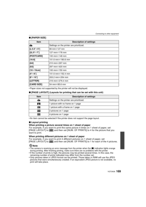 Page 169169VQT3A36
Connecting to other equipment
∫[PAPER SIZE]
•
Paper sizes not supported by the printer will not be displayed.
∫ [PAGE LAYOUT] (Layouts for printing that can be set with this unit)
•
An item cannot be selected if the printer does not support the page layout.
∫ Layout printing
When printing a picture several times on 1 sheet of paper
For example, if you want to print the same picture 4 times on 1 sheet of paper, set 
[PAGE LAYOUT] to [ ä] and then set [NUM. OF PRINTS] to 4 for the picture that...