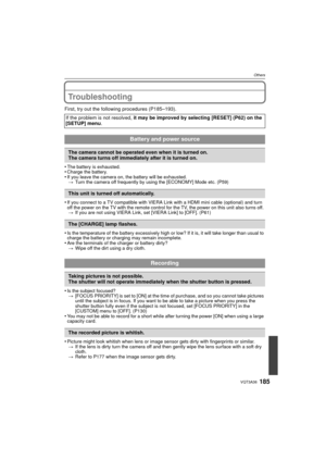 Page 185185VQT3A36
Others
Troubleshooting
First, try out the following procedures (P185–193).
•
The battery is exhausted.•Charge the battery.•If you leave the camera on, the battery will be exhausted.> Turn the camera off frequently by using the [ECONOMY] Mode etc. (P59)
•If you connect to a TV compatible with VIERA Link with a HDMI mini cable (optional) and turn 
off the power on the TV with the remote control for the TV, the power on this unit also turns off. 
> If you are not using VIERA Link, set [VIERA...
