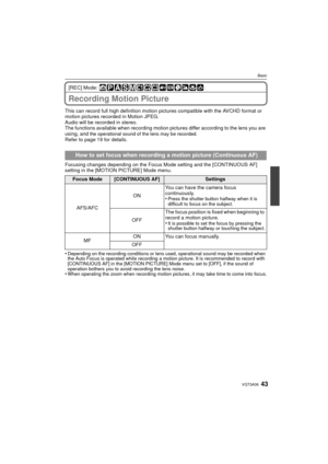 Page 4343VQT3A36
Basic
[REC] Mode: 
Recording Motion Picture
This can record full high definition motion pictures compatible with the AVCHD format or 
motion pictures recorded in Motion JPEG.
Audio will be recorded in stereo.
The functions available when recording motion pictures differ according to the lens you are 
using, and 
the operational sound of the lens may be recorded.Refer to page 19 for details.
Focusing changes depending on the Focus Mode setting and the [CONTINUOUS AF] 
setting in the [MOTION...