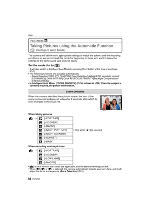 Page 48VQT3A3648
Basic
[REC] Mode: ñ
Taking Pictures using the Automatic Function 
(ñ: Intelligent Auto Mode)
The camera will set the most appropriate settings to match the subject and the recording 
conditions so we recommend this mode for beginners or those who want to leave the 
settings to the camera and take pictures easily.
Set the mode dial to  [ñ].
•It will also switch to Intelligent Auto Mode by pressing [Fn1] button at the time of purchase. 
(P17)
•The following functions are activated...