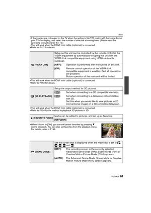 Page 6161VQT3A36
Basic
•If the images are not output on the TV when the setting is [AUTO], match with the image format 
your TV can display, and select the number of effective scanning lines. (Please read the 
operating instructions for the TV.)
•This will work when the HDMI mini cable (optional) is connected.•Refer to P157 for details.
•This will work when the HDMI mini cable (optional) is connected.•Refer to P158 for details.
•This will work when the HDMI mini cable (optional) is connected.•Refer to P154 for...