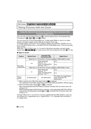 Page 66VQT3A3666
Recording
[REC] Mode: 
Taking Pictures with the Zoom
[You can only use the Optical Zoom in [ ], and the Optical Zoom, the Extended Tele 
Conversion in [¿], [ ], [ ] and [ ] mode.]
You can zoom-out to record landscapes etc. in wide angle (Wide) or zoom-in to make 
people and objects appear closer (Tele) by turning the zoom ring.
To enlarge further, set the [EX. TELE CONV.] to [ON] or the [DIGITAL ZOOM] to [2 k] or 
[4 k] in the [REC] Mode menu or the [MOTION PICTURE] Mode menu. Then you can take...