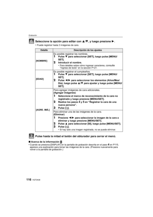 Page 116VQT3A38116
Grabación
Seleccione la opción para editar con 3/4, y luego presione  1.
•Puede registrar hasta 3 imágenes de cara.
Pulse hasta la mitad el botón del obturador para cerrar el menú.
∫Acerca de la información 
•Cuando se presiona [DISPLAY] en la pantalla de grabación descrita en el paso 4 en P115, 
aparece una explicación para tomar las imágenes de la cara. (Presione nuevamente para 
volver a la pantalla de grabación.)
DetalleDescripción de los ajustes
[NOMBRE]
Es posible registrar los...
