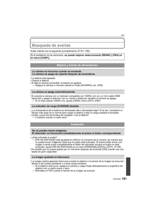 Page 191191VQT3A38
Otro
Búsqueda de averías
Antes intente con el siguiente procedimiento (P191–199).
•
La batería está agotada.•Cargue la batería.•Si deja la cámara encendida, la batería se agotará. > Apague la cámara a menudo usando el modo [AHORRO], etc. (P60)
•Si conecta la cámara con un televisor compatible con VIERA Link con un mini cable HDMI 
(opcional) y apaga el televisor con su mando a distancia, también la cámara se apaga.
> Si no está usando VIERA Link, ajuste [VIERA Link] a [OFF]. (P62)
•¿La...