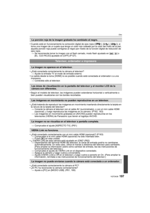 Page 197197VQT3A38
Otro
•Cuando está en funcionamiento la corrección digital de ojos rojos ([ ], [ ], [ ]), si 
toma una imagen de un sujeto que tenga un color rojo rodeado por el color del matiz de la piel, 
aquella porción roja puede corregirse al negro por medio de la función digital de reducción de 
ojos rojos.
> Se recomienda tomar la imagen con el flash cerrado, modo flash ajustado en [ ‡], [‰] o 
[EL. OJO ROJO] ajustado en [OFF] (P127).
•¿Está conectada correctamente la cámara al televisor? > Ajuste la...