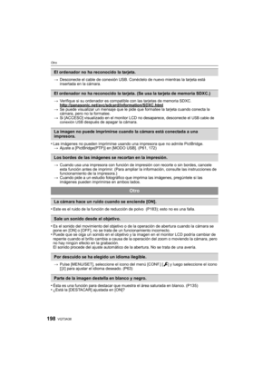 Page 198VQT3A38198
Otro
>Desconecte el cable de conexión USB. Conéctelo de nuevo mientras la tarjeta está 
insertada en la cámara.
> Verifique si su ordenador es compatible con las tarjetas de memoria SDXC.
http://panasonic.net/avc/sdcard/information/SDXC.html
>Se puede visualizar un mensaje que le pide que formatee la tarjeta cuando conecta la 
cámara, pero no la formatee.
> Si [ACCESO] visualizado en el monitor LCD no desaparece, desconecte el 
USB cable de 
conexión USB después de apagar la cámara.
•Las...