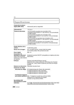 Page 200VQT3A38200
Otro
OtroEspecificaciones
Cuerpo de la cámara 
digital (DMC-GH2):Información para su seguridad
Alimentación: CC 8,4 V
Potencia absorbida: 3,4 W (Cuando se graba con el monitor LCD)
(Cuando se usa la lente 14 – 140 mm/F4.0 – 5.8 suministrada 
en DMC-GH2H)
3,2 W (Cuando se graba con el monitor LCD)
(Cuando se usa la lente 14 – 42 mm/F3.5 – 5.6 suministrada 
en DMC-GH2K)
2,6 W (Cuando se reproduce con el monitor LCD)
(Cuando se usa la lente 14 – 140 mm/F4.0 – 5.8 suministrada 
en DMC-GH2H)
2,5 W...