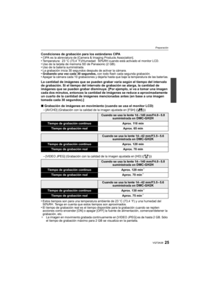 Page 2525VQT3A38
Preparación
Condiciones de grabación para los estándares CIPA
•CIPA es la abreviatura de [Camera & Imaging Products Association].•Temperatura: 23oC (73,4 oF)/Humedad: 50%RH cuando está activado el monitor LCD.•Uso de la tarjeta de memoria SD de Panasonic (2 GB).•Uso de la batería suministrada.•La grabación inicia 30 segundos después de activar la cámara.•Grabando una vez cada 30 segundos,  con todo flash cada segunda grabación.•Apagar la cámara cada 10 grabaciones y dejarla hasta que baje la...