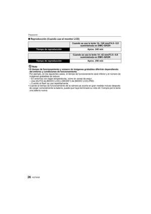 Page 26VQT3A3826
Preparación
∫Reproducción (Cuando usa el monitor LCD)
Nota
•
El tiempo de funcionamiento y número de imágenes grabables diferirán dependiendo 
del entorno y condiciones de funcionamiento.
Por ejemplo, en los siguientes casos, el tiempo de funcionamiento será inferior y el número de 
imágenes grabables se reduce.
–En entornos con bajas temperaturas, como en zonas de esquí.–Use [AUTO] de [MODO LCD] o [MODE1] de [MODO LCD] (P60).–Cuando el flash se usa repetidamente.•Cuando el tiempo de...