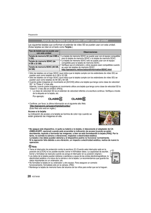 Page 28VQT3A3828
Preparación
Las siguientes tarjetas que conforman el estándar de vídeo SD se pueden usar con esta unidad.
(Estas tarjetas se citan en el texto como Ta r j e ta.)
•Sólo las tarjetas con el logo SDHC (que indica que la tarjeta cumple con los estándares de vídeo SD) se 
pueden usar como tarjetas de 4 GB a 32 GB.
•Sólo las tarjetas con el logo SDXC (que indica que la tarjeta cumple con los estándares de vídeo SD) se 
pueden usar como tarjetas de 48 GB y 64 GB.
•Cuando grabe imágenes en movimiento...