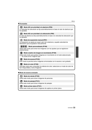 Page 3333VQT3A38
Básico
∫Avanzadas
∫ Modo de escena avanzado
Modo AE con prioridad a la abertura (P96)
La velocidad de obturación se fija automáticamente en base al valor de abertura que 
ha ajustado.
Modo AE con prioridad a la obturación (P96)
El valor de abertura se fija automáticamente en base a la velocidad de obturación que 
ha ajustado.
Modo de exposición manual (P97)
La exposición se ajusta por aquel valor de la abertura y aquella velocidad de 
obturación que se ajustaron manualmente.
Modo personalizado...