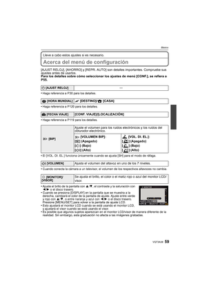 Page 5959VQT3A38
Básico
Lleve a cabo estos ajustes si es necesario.
Acerca del menú de configuración
[AJUST RELOJ], [AHORRO] y [REPR. AUTO] son detalles importantes. Compruebe sus 
ajustes antes de usarlos.
Para los detalles sobre cómo seleccionar los ajustes de menú [CONF.], se refiera a 
P55.
•
Haga referencia a P30 para los detalles.
•Haga referencia a P120 para los detalles.
•Haga referencia a P119 para los detalles.
•El [VOL. DI. EL.] funciona únicamente cuando  se ajusta [SH] para el modo de ráfaga....