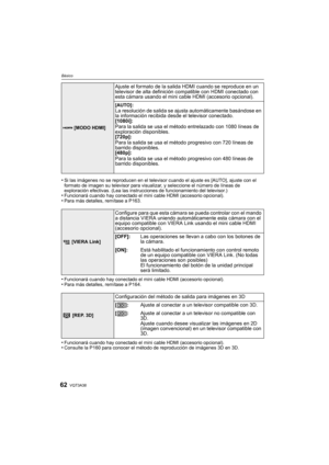 Page 62VQT3A3862
Básico
•Si las imágenes no se reproducen en el televisor cuando el ajuste es [AUTO], ajuste con el 
formato de imagen su televisor para visualizar, y seleccione el número de líneas de 
exploración efectivas. (Lea las instrucciones de funcionamiento del televisor.)
•Funcionará cuando hay conectado el mini cable HDMI (accesorio opcional).•Para más detalles, remítase a P163.
•Funcionará cuando hay conectado el mini cable HDMI (accesorio opcional).•Para más detalles, remítase a P164.
•Funcionará...