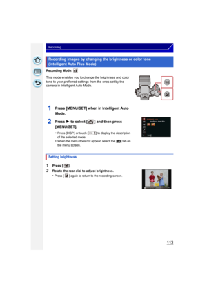 Page 113113
Recording
Recording Mode: 
This mode enables you to change the brightness and color 
tone to your preferred settings from the ones set by the 
camera in Intelligent Auto Mode.
Recording images by changing the brightness or color tone 
(Intelligent Auto Plus Mode)
1Press [MENU/SET] when in Intelligent Auto 
Mode.
2Press 1 to select [ ] and then press 
[MENU/SET].
•Press [DISP.] or touch [ ] to display the description 
of the selected mode.
•When the menu does not appear, select  the [¦ ] tab on 
the...