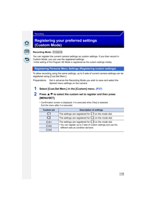 Page 115115
Recording
Registering your preferred settings
(Custom Mode)
Recording Mode: 
You can register the current camera settings as custom settings. If you then record in 
Custom Mode, you can use the registered settings.
•
Initial setting of the Program AE Mode is registered as the custom settings initially.
To allow recording using the same settings, up to 5 sets of current camera settings can be 
registered using [Cust.Set Mem.].
1Select [Cust.Set Mem.] in the [Custom] menu. (P37)
2Press 3/4 to select...