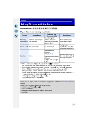 Page 119119
Recording
Taking Pictures with the Zoom
Applicable modes: 
∫Types of zooms and recording magnification
¢1 When a picture size of [S] (4 M), aspect ratio of [ X] is selected.
The magnification level differs depending on [Picture Size] and [Aspect Ratio] setting.
¢2 When recording quality setting [FHD/30p], [FHD/24p], [FHD/30p/ ] or [FHD/24p/ ] is selected:When [HD/30p] is selected, Extended Tele Conversion factor will change to 3.6 k.
When [VGA/30p] is selected, Extended Tele Conversion factor will...