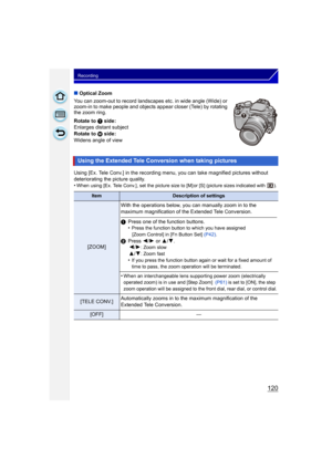 Page 120120
Recording
∫Optical Zoom
You can zoom-out to record landscapes etc. in wide angle (Wide) or 
zoom-in to make people and objects appear closer (Tele) by rotating 
the zoom ring.
Rotate to  T side:
Enlarges distant subject
Rotate to  W side:
Widens angle of view
Using [Ex. Tele Conv.] in the recording menu, you can take magnified pictures without 
deteriorating the picture quality.
•
When using [Ex. Tele Conv.], set the picture size to [M] or [S] (picture sizes indicated with  ).
Using the Extended Tele...
