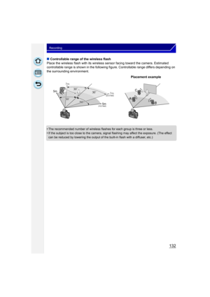 Page 132132
Recording
∫Controllable range of the wireless flash
Place the wireless flash with its wireless sensor facing toward the camera. Estimated 
controllable range is shown in the following figure. Controllable range differs depending on 
the surrounding environment.
•
The recommended number of wireless flashes for each group is three or less.
•If the subject is too close to the camera, signal flashing may affect the exposure. (The effect 
can be reduced by lowering the output of the built-in flash with a...