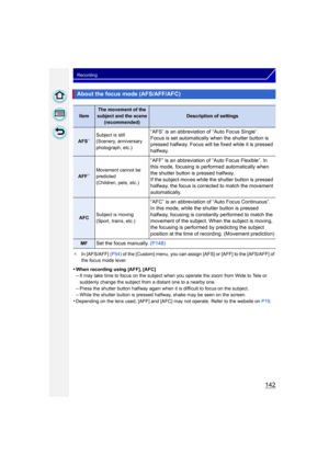 Page 142142
Recording
¢In [AFS/AFF]  (P54) of the [Custom] menu, you can assign [AFS] or [AFF] to the [AFS/AFF] of 
the focus mode lever.
•When recording using [AFF], [AFC]–It may take time to focus on the subject when you operate the zoom from Wide to Tele or 
suddenly change the subject from a distant one to a nearby one.
–Press the shutter button halfway again when it is difficult to focus on the subject.–While the shutter button is pressed halfway, shake may be seen on the screen.
•Depending on the lens...