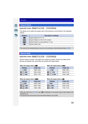 Page 160160
Recording
Applicable modes: 
This allows you to select the aspect ratio of the pictures to suit printing or the playback 
method.
•
The ends of the recorded pictures may be cut at printing so check before printing.  (P299)
Applicable modes: 
Set the number of pixels. The higher the numbers of pixels, the finer the detail of the 
pictures will appear even when they are printed onto large sheets.
•
When [Ex. Tele Conv.]  (P120) is set, [ ] is displayed on the picture sizes of each aspect ratio 
except...