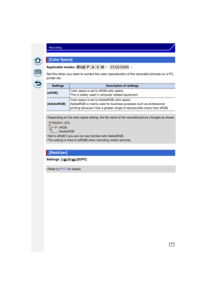 Page 171171
Recording
Applicable modes: 
Set this when you want to correct the color reproduction of the recorded pictures on a PC, 
printer etc.
•
Depending on the color space setting, the file name of the recorded picture changes as shown.
•Set to sRGB if you are not very familiar with AdobeRGB.
•The setting is fixed to [sRGB] when recording motion pictures.
Settings: [ ]/[ ]/[OFF]
•
Refer to P117  for details.
[Color Space]
SettingsDescription of settings
[sRGB] Color space is set to sRGB color space.
This is...