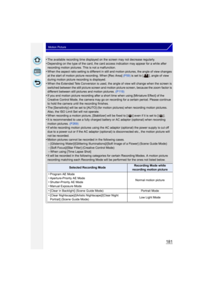 Page 181181
Motion Picture
•The available recording time displayed on the screen may not decrease regularly.•Depending on the type of the card, the card access indication may appear for a while after 
recording motion pictures. This is not a malfunction.
•When the aspect ratio setting is different in still and motion pictures, the angle of view changes 
at the start of motion picture recording. When [Rec Area] (P59) is set to [ ], angle of view 
during motion picture recording is displayed.
•When the Extended...