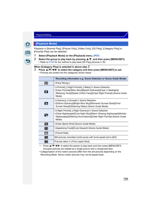 Page 194194
Playback/Editing
Playback in [Normal Play], [Picture Only], [Video Only], [3D Play], [Category Play] or 
[Favorite Play] can be selected.
1Select [Playback Mode] on the [Playback] menu.  (P37)
2Select the group to play back by pressing 3/4, and then press [MENU/SET].
•Refer to P248  for the method to play back [3D Play] pictures in 3D.
When [Category Play] is selected in above step 2
3Press  3/4 /2 /1  to select the category and then press [MENU/SET] to set.
•Pictures are sorted into the categories...