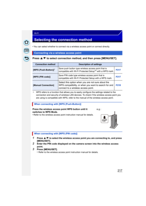 Page 217217
Wi-Fi
Selecting the connection method
•You can select whether to connect via a wireless access point or connect directly.
Press 3/4 to select connection method, and then press [MENU/SET].
¢ WPS refers to a function that allows you to easily configure the settings related to the 
connection and security of wireless LAN devices. To check if the wireless access point you 
are using is compatible with WPS, refer to the manual of the wireless access point.
1Press  3/4  to select the wireless access point...