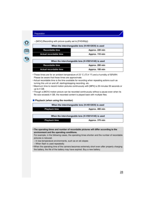 Page 2828
Preparation
–[MOV] (Recording with picture quality set to [FHD/60p])
•These times are for an ambient temperature of 23oC (73.4 o F) and a humidity of 50%RH. 
Please be aware that these times are approximate.
•Actual recordable time is the time available for recording when repeating actions such as 
turning this unit on and off, starting/stopping recording, etc.
•Maximum time to record motion pictures continuously with [MP4] is 29 minutes 59 seconds or 
up to 4 GB.
•Though a [MOV] motion picture can be...