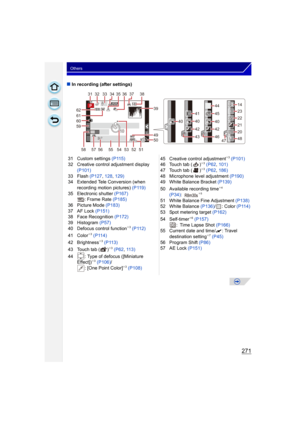 Page 271271
Others
∫In recording (after settings)
31 Custom settings  (P115)
32 Creative control adjustment display 
(P101)
33 Flash  (P127, 128,  129)
34 Extended Tele Conversion (when 
recording motion pictures)  (P119)
35 Electronic shutter  (P167)
: Frame Rate  (P185)
36 Picture Mode (P183)
37 AF Lock  (P151)
38 Face Recognition  (P172)
39 Histogram  (P57)
40 Defocus control function
¢ 3 (P112)
41 Color¢ 3 (P114)
42 Brightness¢ 3 (P113)
43 Touch tab ( )¢ 3 (P62 , 11 3 )
44 : Type of defocus ([Miniature...