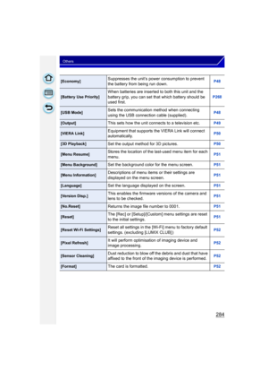 Page 284284
Others
[Economy]Suppresses the unit’s power consumption to prevent 
the battery from being run down.P48
[Battery Use Priority]When batteries are inserted to both this unit and the 
battery grip, you can set that which battery should be 
used first.P268
[USB Mode]Sets the communication method when connecting 
using the USB connection cable (supplied).P48
[Output]This sets how the unit connects to a television etc.P49
[VIERA Link]Equipment that supports the VIERA Link will connect 
automatically.P50...