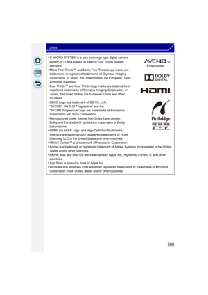 Page 308308
Others
•G MICRO SYSTEM is a lens exchange type digital camera 
system of LUMIX based on a Micro Four Thirds System 
standard.
•Micro Four Thirds™ and Micro Four Thirds Logo marks are 
trademarks or registered trademarks of Olympus Imaging 
Corporation, in Japan, the United States, the European Union 
and other countries.
•Four Thirds™ and Four Thirds Logo marks are trademarks or 
registered trademarks of Olympus Imaging Corporation, in 
Japan, the United States, the European Union and other...