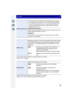 Page 5050
Preparation
•This will work when the HDMI mini cable (optional) is connected.•Refer to P252 for details.
•This will work when the HDMI mini cable (optional) is connected.
•Refer to P248 for the method to play back 3D pictures in 3D.
[Output] (continued)
•This will work when the HDMI mini cable (optional) is connected.•If the images are not output on the TV when the setting is [AUTO], 
match with the image format your TV can display, and select the 
number of effective scanning lines. (Please read the...