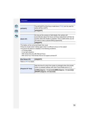 Page 5454
Preparation
•The battery will be consumed faster than usual.•Press the shutter button halfway again when it is difficult to focus on the subject.•The [Quick AF] feature is disabled in the following conditions:
–In Preview Mode–In low light situations–With lenses that only offer Manual Focus
–With some Four Third lenses that do not support contrast AF
•Refer to P67 for details.
[AFS/AFF]
The [AFS/AFF] of the focus mode lever  (P142) can be used for 
either [AFS] or [AFF].
[AFS]/[AFF]
[Quick AF]
As long...
