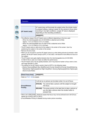 Page 5555
Preparation
•The effective range of the AF Assist Lamp is different depending on the lens used.
–When the interchangeable lens (H-HS12035) is attached and at Wide:
Approx. 1.0 m (3.3 feet) to 3.5 m (11.0 feet)
–When the interchangeable lens (H-VS014140) is attached and at Wide:
Approx. 1.0 m (3.3 feet) to 3.0 m (9.8 feet)
•The AF Assist Lamp is valid only for the subject in the center of the screen. Use it by 
positioning the subject in the center of the screen.
•Remove the lens hood.•When you do not...