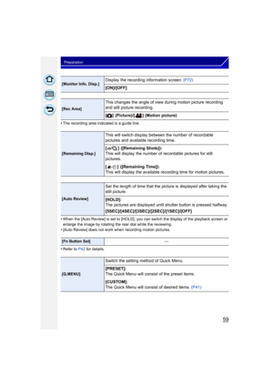 Page 5959
Preparation
•The recording area indicated is a guide line.
•When the [Auto Review] is set to [HOLD], you can switch the display of the playback screen or 
enlarge the image by rotating the rear dial while the reviewing.
•[Auto Review] does not work when recording motion pictures.
•Refer to P42 for details.
[Monitor Info. Disp.]Display the recording information screen. (P72)
[ON]/[OFF]
[Rec Area]
This changes the angle of view during motion picture recording 
and still picture recording.
[! ]...