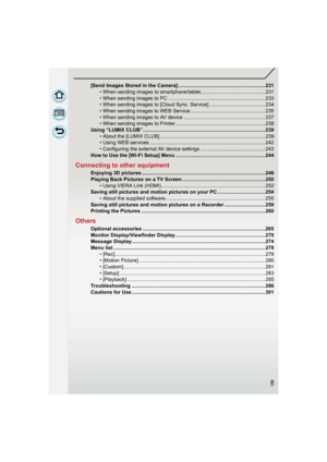 Page 88
[Send Images Stored in the Camera] ..............................................................231• When sending images to smartphone/tablet..............................................231
• When sending images to PC .....................................................................233
• When sending images to [Cloud Sync. Service] ........................................234
• When sending images to WEB Service .....................................................235
• When sending images to AV...