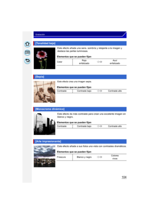 Page 104104
Grabación
Este efecto añade una sens. sombría y relajante a la imagen y 
destaca las partes luminosas.
Este efecto crea una imagen sepia.
Este efecto da más contraste para crear una excelente imagen en 
blanco y negro.
Este efecto añade a sus fotos una vista con contrastes dramáticos.
[Tonalidad baja]
Elementos que se pueden fijan
ColorRojo 
enfatizado Azul 
enfatizado
[Sepia]
Elementos que se pueden fijan
Contraste Contraste bajo Contraste alto
[Monocromo dinámico]
Elementos que se pueden fijan...