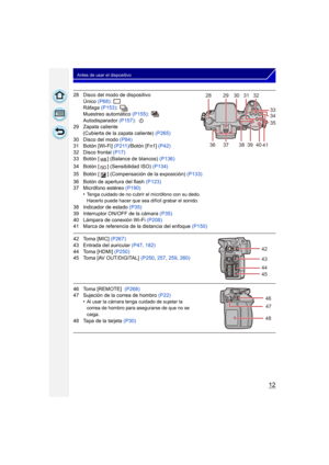 Page 1212
Antes de usar el dispositivo
28 Disco del modo de dispositivoÚnico  (P68):
Ráfaga  (P153):
Muestreo automático  (P155):
Autodisparador  (P157):
29 Zapata caliente 
(Cubierta de la zapata caliente)  (P265)
30 Disco del modo  (P84)
31 Botón [Wi-Fi]  (P211)/Botón [Fn1]  (P42)
32 Disco frontal  (P17)
33 Botón [ ] (Balance de blancos)  (P136)
34 Botón [ ] (Sensibilidad ISO)  (P134)
35 Botón [ ] (Compensación de la exposición)  (P133)
36 Botón de apertura del flash  (P123)
37 Micrófono estéreo  (P190)
•...