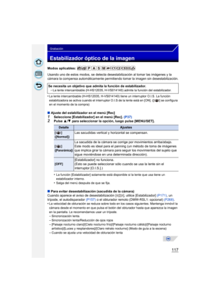 Page 117117
Grabación
Estabilizador óptico de la imagen
Modos aplicables: 
Usando uno de estos modos, se detecta desestabilización al tomar las imágenes y la 
cámara la compensa automáticamente permitiendo tomar la imagen sin desestabilización.
•
La lente intercambiable (H-HS12035, H-VS01414 0) tiene un interruptor O.I.S. La función 
estabilizadora se activa cuando el interruptor O.I.S de la lente está en [ON]. ([ ] se configura 
en el momento de la compra)
∫ Ajuste del estabilizador en el menú [Rec]1Seleccione...