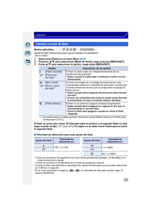 Page 125125
Grabación
Modos aplicables: 
Ajuste el flash incorporado para que se adapte a la grabación.
•Abra el flash.
1Seleccione [Flash] en el menú [Rec]. (P37)2Presione 3/4 para seleccionar [Modo de flash], luego presione [MENU/SET].3Pulse  3/4 para seleccionar la opción, luego pulse [MENU/SET].
El flash se activa dos veces. El intervalo entre el primero y el segundo flash es más 
largo cuando se fija [ ] o [ ]. El sujeto no se debe mover hasta que se active 
el segundo flash.
∫ Velocidad de obturación para...