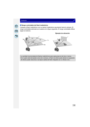 Page 132132
Grabación
∫Rango controlable del flash inalámbrico
Coloque el flash inalámbrico con su sensor inalámbrico apuntando hacia la cámara. El 
rango controlable estimado se muestra en la fi gura siguiente. El rango controlable difiere 
según el entorno.
•
La cantidad recomendada de flashes inalámbricos para cada grupo es de tres o menos.
•Si el sujeto está demasiado cerca de la cámara, el flash de señal puede afectar la exposición. 
(El efecto puede reducirse si se baja la salida del flash integrado con un...