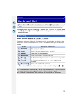 Page 158158
Grabación
Uso del menú [Rec]
Para obtener información sobre los ajustes del menú [Rec], consulte 
P37.
•
[Fotoestilo], [Modo medición], [Dinám. intel.], [Resoluc. intel.] y [Zoom d.] son comunes para el 
menú [Rec] y el menú [Im. movimiento]. El cambio de estos ajustes en uno de estos menús se 
refleja en otro menú.
Modos aplicables: 
Se pueden seleccionar 6 tipos de efecto para coincidir con la imagen que desea grabar. 
Se pueden ajustar los elementos como el color o la calidad de la imagen del...