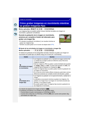 Page 183183
Imagen en movimiento
Cómo grabar imágenes en movimiento mientras 
se graban imágenes fijas
Modos aplicables: 
Las imágenes fijas se pueden grabar incluso mientras se graba una imagen en 
movimiento. (grabación simultánea)
∫ Ajuste de las prioridades de imagen en movimiento e imagen fija
Modos aplicables: 
El método de grabación de las fotografías tomadas mientras se graba una imagen en 
movimiento se puede fijar con [Modo imag.] en el menú [Im. movimiento].
•
La relación de aspecto de la imagen se...