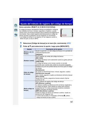 Page 187187
Imagen en movimiento
Ajuste del método de registro del código de tiempo
Modos aplicables: 
El código de tiempo representa el tiempo de grabación mediante 
las unidades de horas, minutos, segundos y cuadros, y puede 
usarse como una escala de tiempo para la edición de imágenes en 
movimiento. Esta unidad registra automáticamente el código de 
tiempo durante la grabación de las imágenes en movimiento.
•
Los códigos de tiempo no se registran en las imágenes cuando el 
[Modo de grab.] se fija en [MP4]....