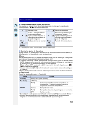 Page 193193
Reproducción/Edición
∫Operaciones ejecutadas durante la diapositiva
Se visualiza en la parte inferior derecha de la pantalla mientras que la reproducción 
corresponde a  3/4/2/1 en el botón del cursor.
•
La reproducción normal se reanuda tras terminar la diapositiva.
∫ Cambiar los ajustes de diapositiva
Puede cambiar los ajustes para la reproducción de diapositivas seleccionando [Efecto] o 
[Configuración] en la pantalla de menú de diapositivas.
[Efecto]
Eso le permite seleccionar los efectos de...