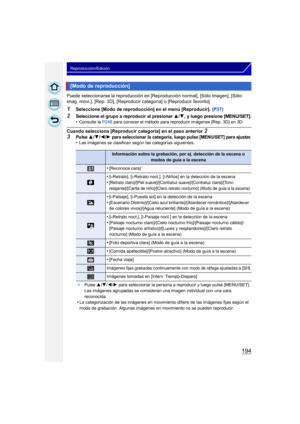 Page 194194
Reproducción/Edición
Puede seleccionarse la reproducción en [Reproducción normal], [Sólo imagen], [Sólo 
imag. movi.], [Rep. 3D], [Reproducir categoría] o [Reproducir favorito].
1Seleccione [Modo de reproducción] en el menú [Reproducir]. (P37)
2Seleccione el grupo a reproducir al presionar 3/4, y luego presione [MENU/SET].•Consulte la P248 para conocer el método para reproducir imágenes [Rep. 3D] en 3D.
Cuando selecciona [Reproducir categoría] en el paso anterior 2
3Pulse 3/4/2/1 para seleccionar la...